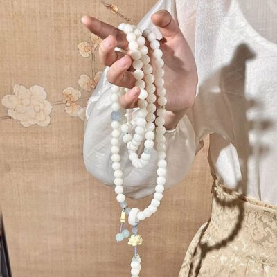 White Jade Bodhi Root Bracelet | 108 Beads Lotus Pendant for Meditation & Spiritual Wellness