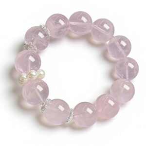 âNatural Rose Quartz Bracelet with Pearl Accent â 16mm Pink Crystal Beads, Handmade Healing Crystal Jewelry for Love & Balanceâ