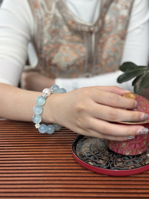 Aquamarine Crystal Bracelet with Pearl Accents & Silver Sparkle Spacers — Natural Blue Crystal Healing Jewelry