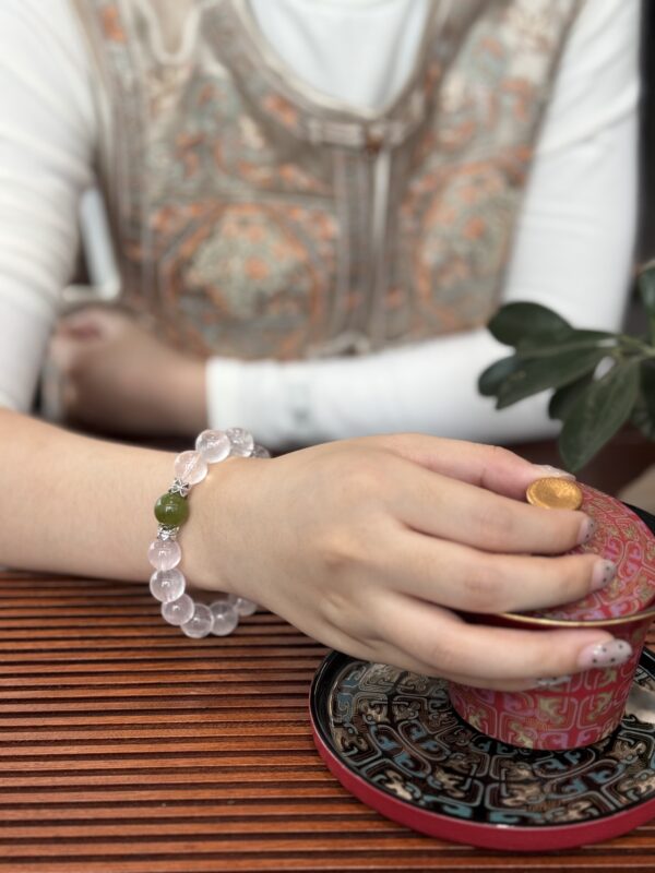 Natural Rose Quartz Bracelet Accented with Natural Jade Beads and Silver Details – Handmade Crystal Jewelry
