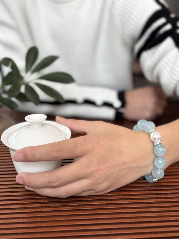 Aquamarine Crystal Bracelet with Pearl Accents & Silver Sparkle Spacers — Natural Blue Crystal Healing Jewelry