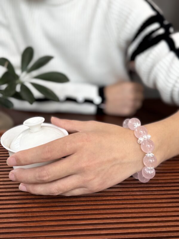 “Natural Rose Quartz Bracelet with Pearl Accent — 16mm Pink Crystal Beads, Handmade Healing Crystal Jewelry for Love & Balance”