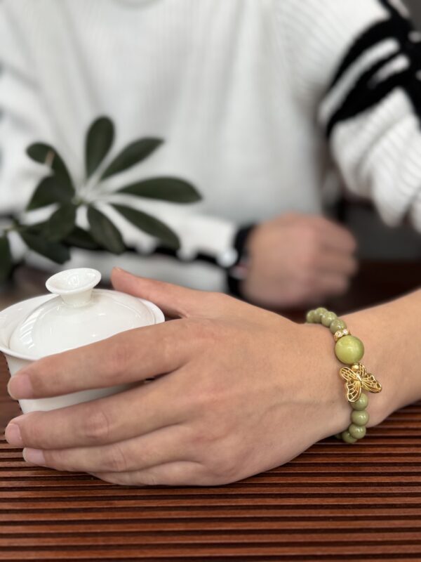 Natural Jade Stone Bracelet with Butterfly Copper Accents – Wood Element Feng Shui Energy Jewelry