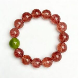 Handcrafted Strawberry Quartz Beaded Bracelet with Single Jade Stone Accent â Natural Crystal Bead Bracelet