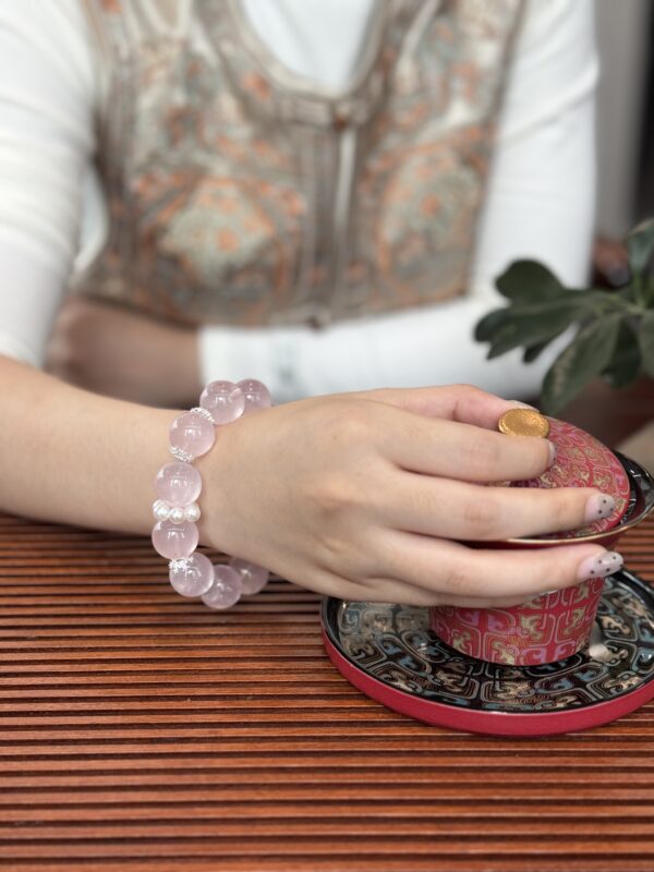 “Natural Rose Quartz Bracelet with Pearl Accent — 16mm Pink Crystal Beads, Handmade Healing Crystal Jewelry for Love & Balance”