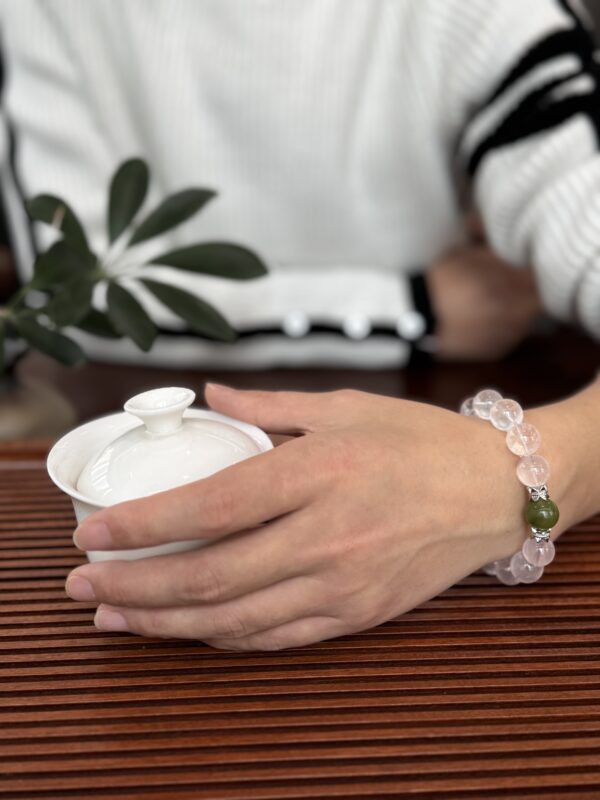 Natural Rose Quartz Bracelet Accented with Natural Jade Beads and Silver Details – Handmade Crystal Jewelry
