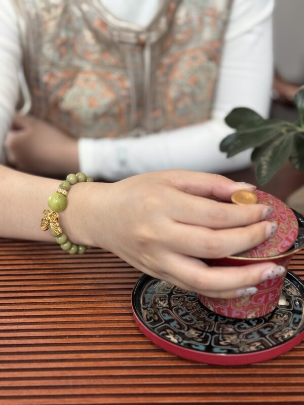 Natural Jade Stone Bracelet with Butterfly Copper Accents – Wood Element Feng Shui Energy Jewelry