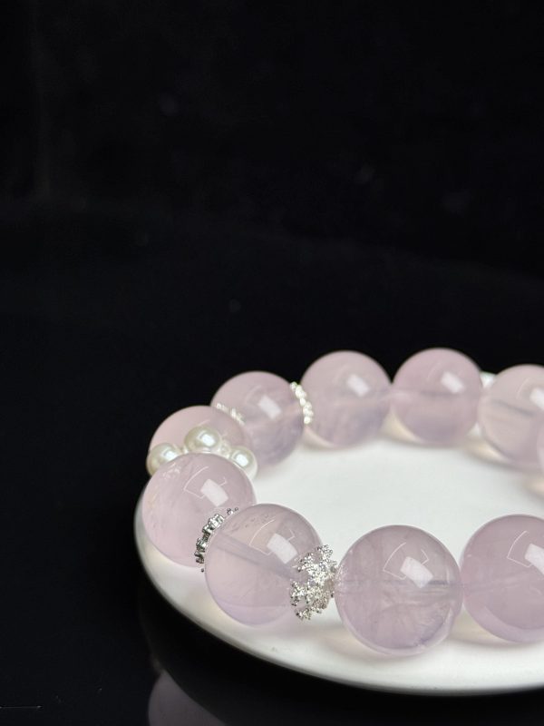 âNatural Rose Quartz Bracelet with Pearl Accent â 16mm Pink Crystal Beads, Handmade Healing Crystal Jewelry for Love & Balanceâ