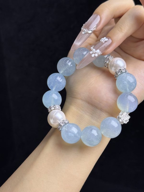 Aquamarine Crystal Bracelet with Pearl Accents & Silver Sparkle Spacers â Natural Blue Crystal Healing Jewelry