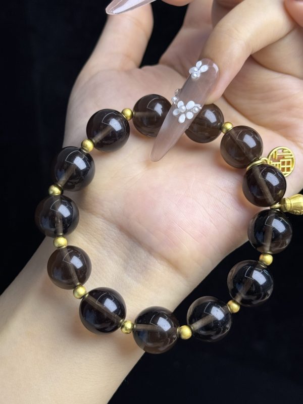 Deep Smoky Quartz Bracelet with Gold Accents â Grounding Stone for Calm, Strength & Clarity