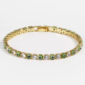 Green Evil Eye Tennis Bracelet | Gold-Tone Crystal Protection Bracelet for Good Luck