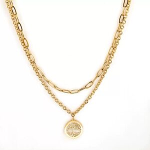 Tree of Life Layered Titanium Necklace | Gold Double Chain Pendant