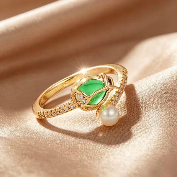 Emerald Pearl Asymmetrical Gold Ring
