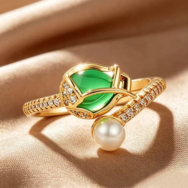 Emerald Pearl Asymmetrical Gold Ring