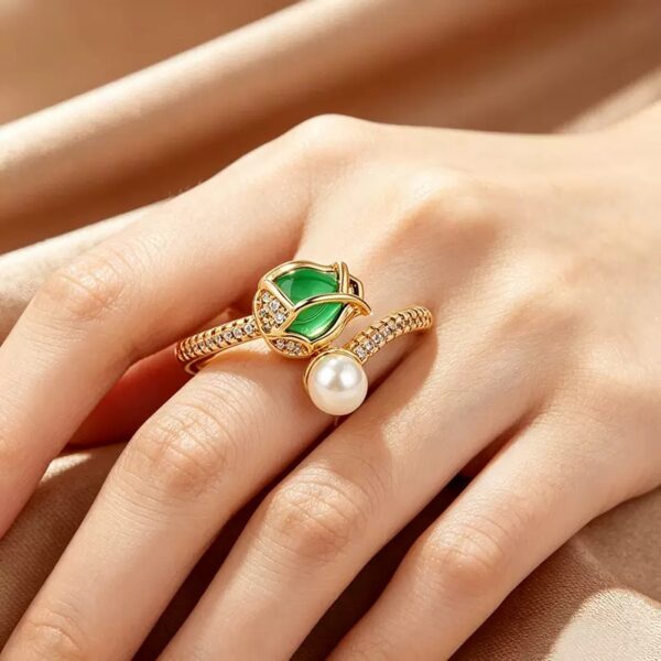 Emerald Pearl Asymmetrical Gold Ring