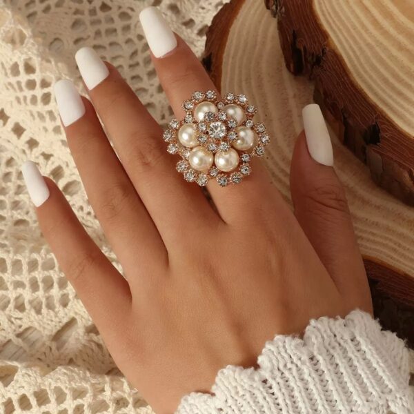 Pearl & Crystal Floral Statement Ring