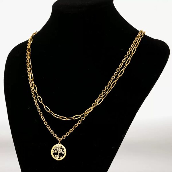 b30d73e9f4858b2f4c6aadba42195202 Tree of Life Layered Titanium Necklace | Gold Double Chain Pendant