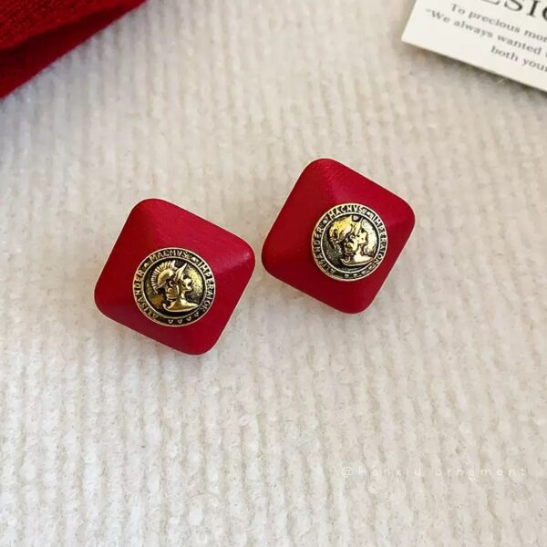 Red Emblem Square Alloy Earrings – Bold Statement Jewelry