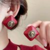 Red Emblem Square Alloy Earrings – Bold Statement Jewelry