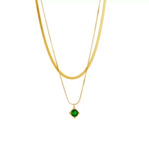 Green Square-Cut Crystal Pendant Titanium Steel Necklace