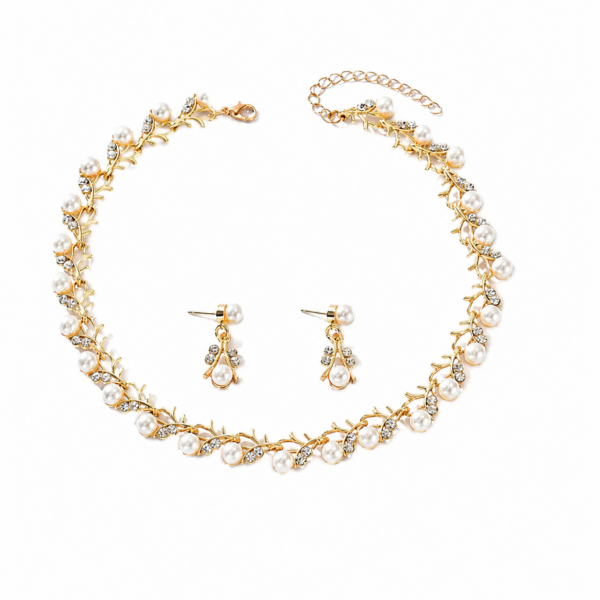 Golden Pearl & Zircon Vine Jewelry Set
