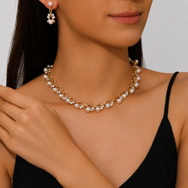 Golden Pearl & Zircon Vine Jewelry Set