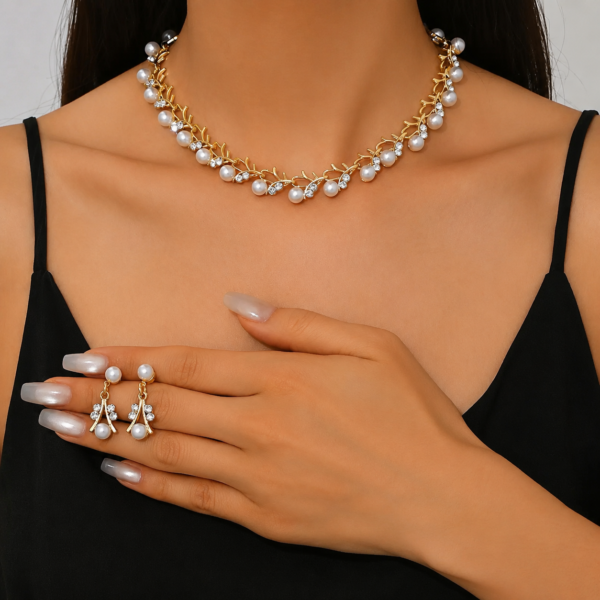 Golden Pearl & Zircon Vine Jewelry Set
