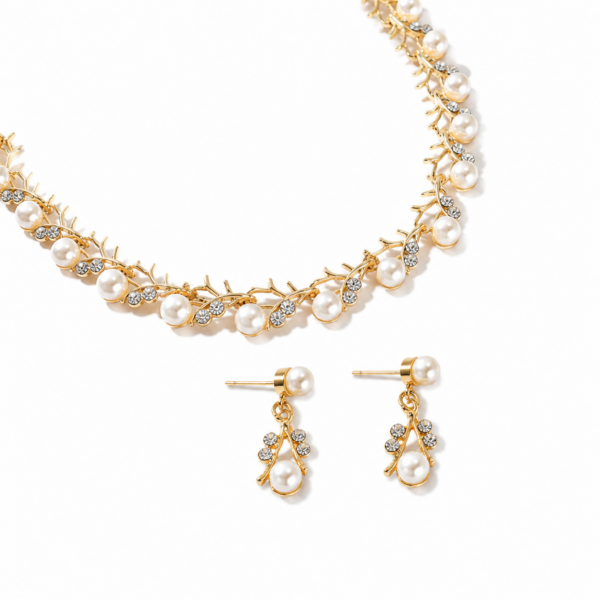Golden Pearl & Zircon Vine Jewelry Set