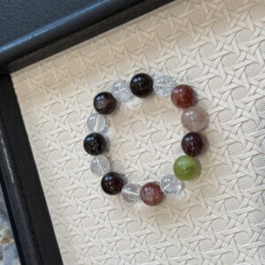 12 Natural Clear Quartz, Red Flower Agate & Xiuyan Jade Beaded Bracelet