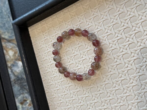 53 Natural Strawberry Quartz & Black Gold Super Seven Crystal Bracelet